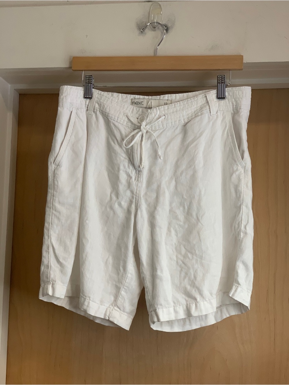 Next White Drawstring/Button Front Linen Blend Shorts Size-8 Coastal Minimalist
